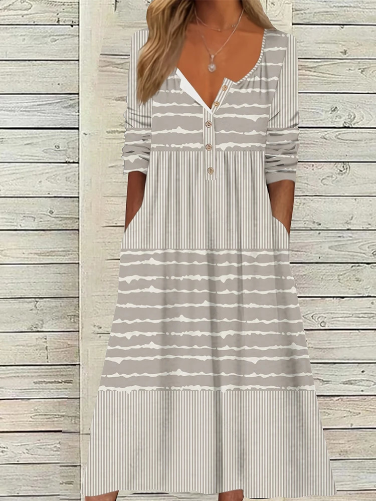 Womens Long Sleeve Button Down Streaks Midi Dress Plus Size Casual Crew Neck Swing Dresses 250121