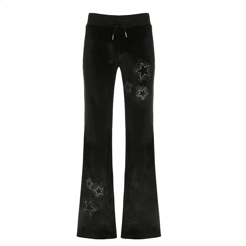 Rhinestones Star Velvet Flared Pants Y2K Aesthetic High Waist Baggy Sweatpants Casual Basic Boot Cut Trousers 250117