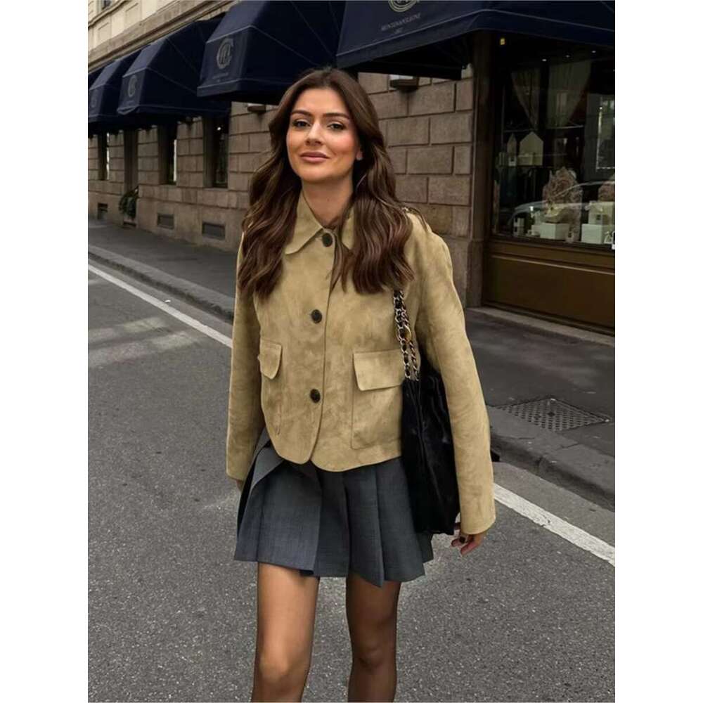 New Solid Soft Suede Jacket Women Autumn Single Breasted Long Sleeve Cropped Jackets Streetwear Fashion Vintage Outerwear
