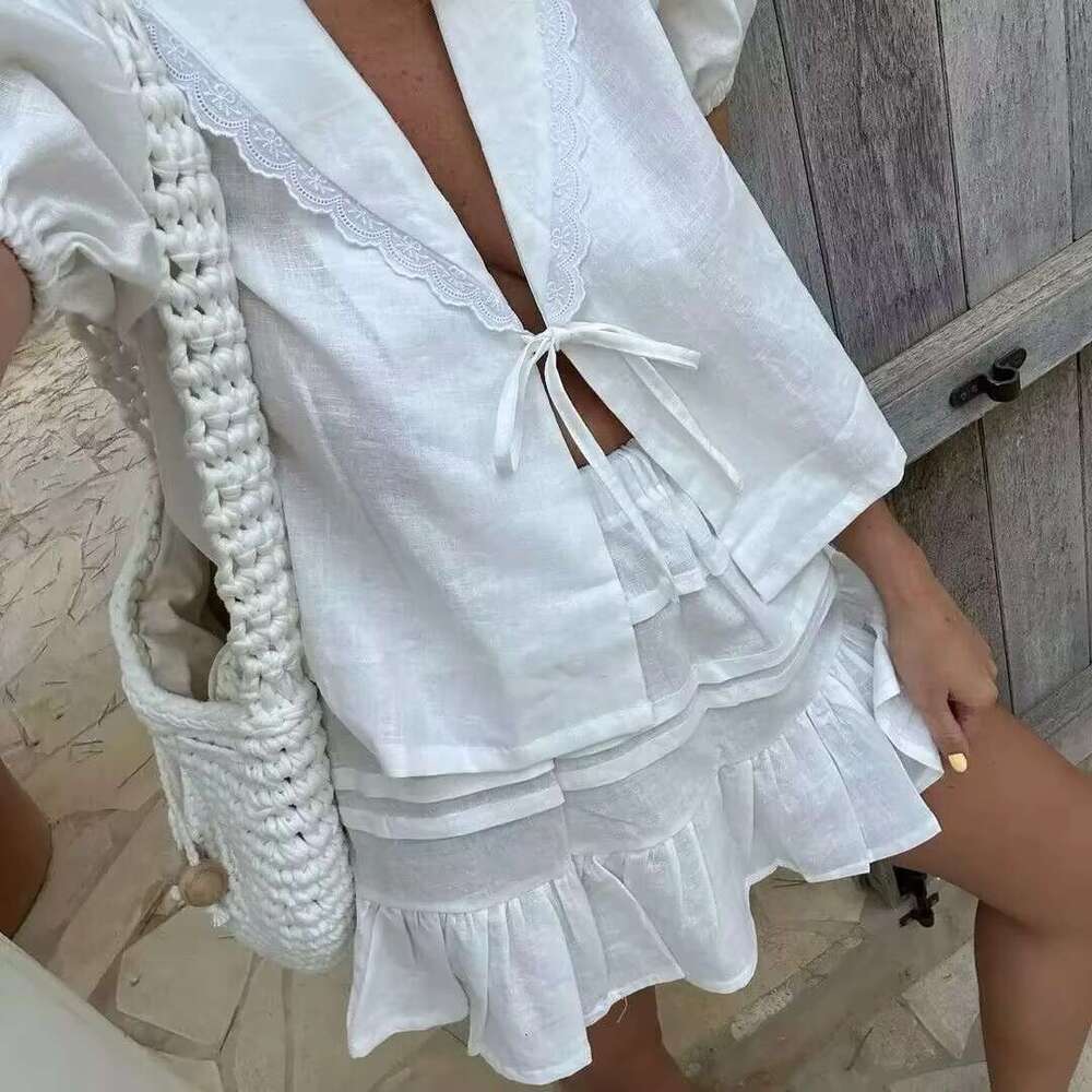 White Elegant 2 Piece Sets Women New V Neck Lace Patchwork Lace-Up Blouse+Shorts Skirts Summer Casual Fashion Holiday Set