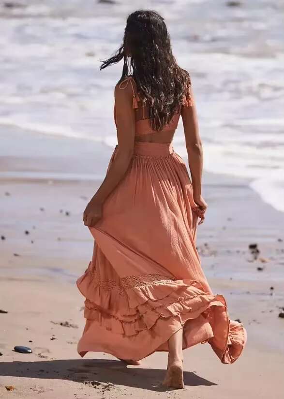 Summer Beach Dress Sleeveless Cotton Maxi Dresses Boho Style Solid Color Lace Ruffled Sundress Mujer Vestidos