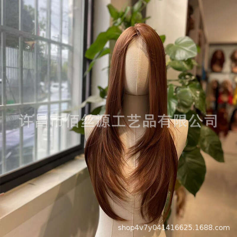 Lace Front Wig Cover T Shape Tiktok Hot Sale Middle High Level Layered Female Caramel Color Fetal Hair Hairy Front Lace Wig Headpiece