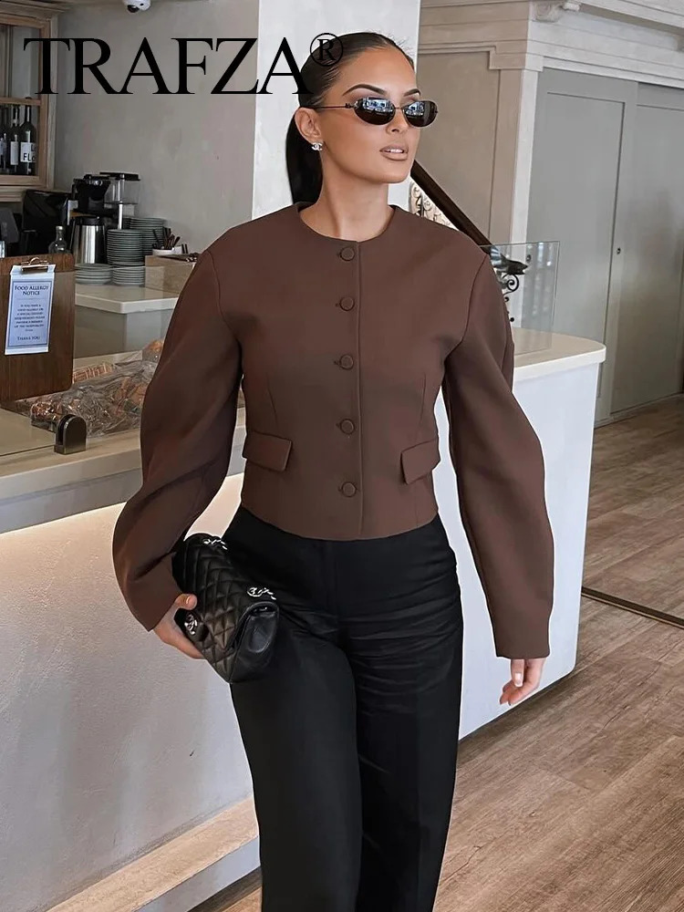TRAFZA Fashion Retro Woman Solid Brown Jacket Women Chic Tops Long Sleeve Single Breasted O-Neck Pocket Casual Loose Short Coat 250122