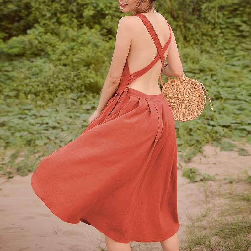 New Women's Beach Open Back Rust Red En Dress Strapless Adjustable Midi Length Holiday Vestidos Boho Backless Robes