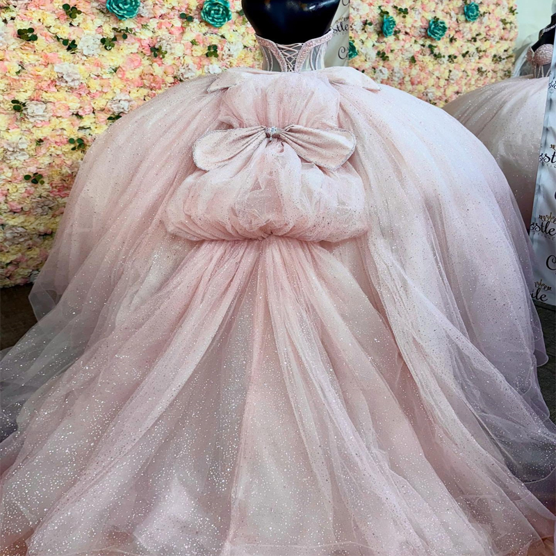 Pink Quinceanera Dresses Ball Gown Off Shoulder Bow Beading Crystal Tull Corset Birthday Party Sweet 16 Dress Vestidos 15 De Anos