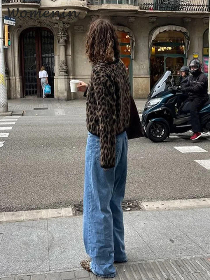 Vintage Leopard Print Mohair Women Cardigans Knitted O-neck Single Breasted Short Sweater Autumn Lady Casual Streetwear 250118