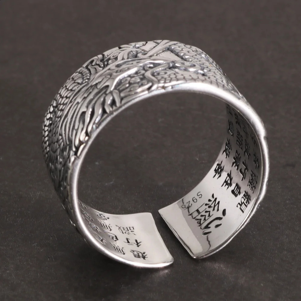 Real 925 Pure Silver Mens Biker Rings With Flying Dragon Vintage Punk Style Heart Sutra Engraved Buddhism Animal Jewelry 250117