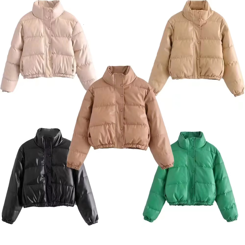 Faux Leather Cotton Jacket Parka Mujer Winter Clothes Women Warm Short Parkas 2023 Green/Black/Khaki Coats