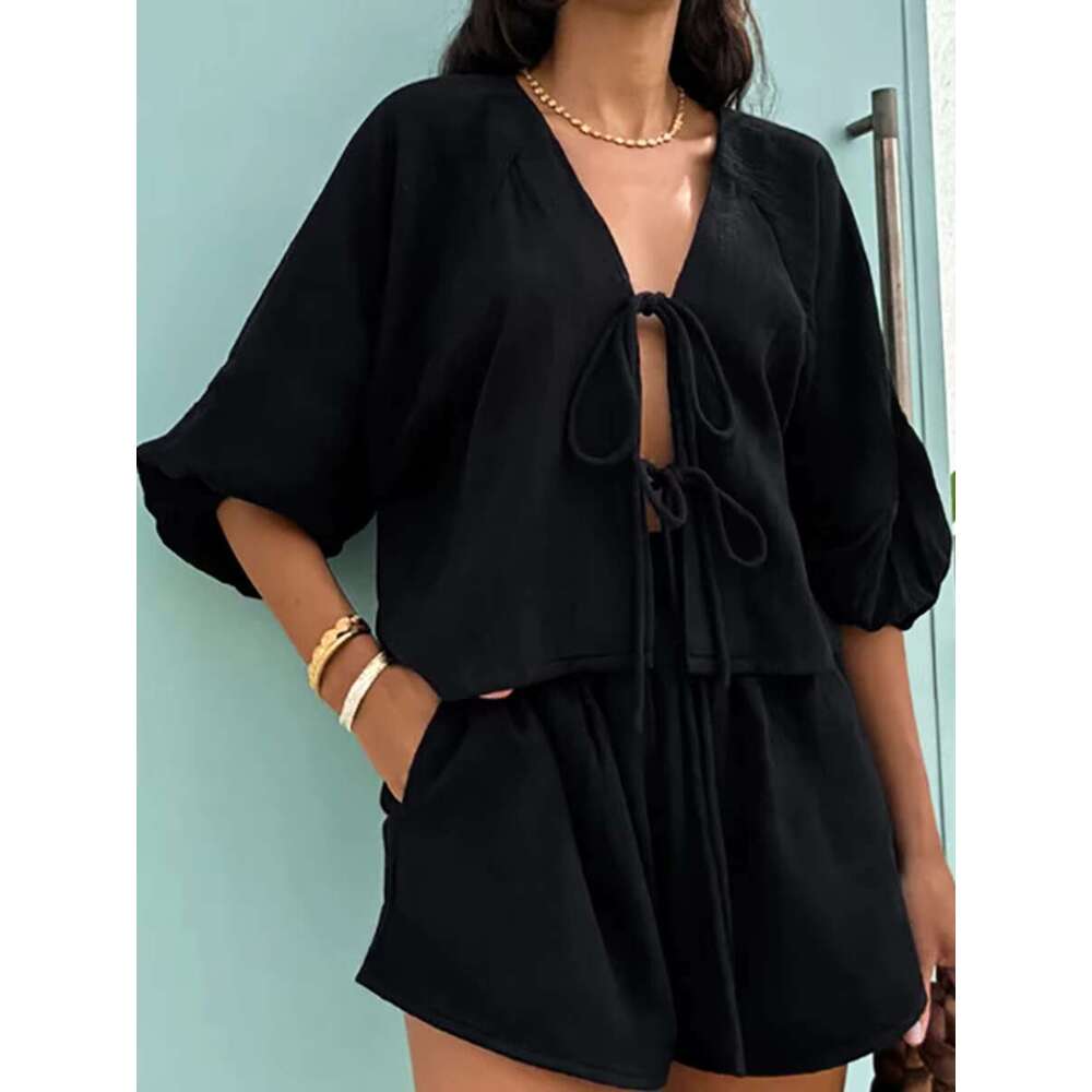 Black Casual Thin Suits For Women New V-Neck Puff Sleeve Lace-Up Blouse+Shorts Sets Autumn Elegant Simple Home 2 Piece Set