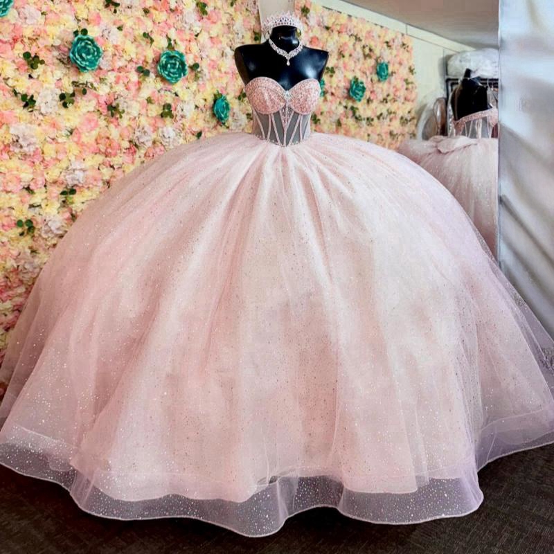 Pink Quinceanera Dresses Ball Gown Off Shoulder Bow Beading Crystal Tull Corset Birthday Party Sweet 16 Dress Vestidos 15 De Anos