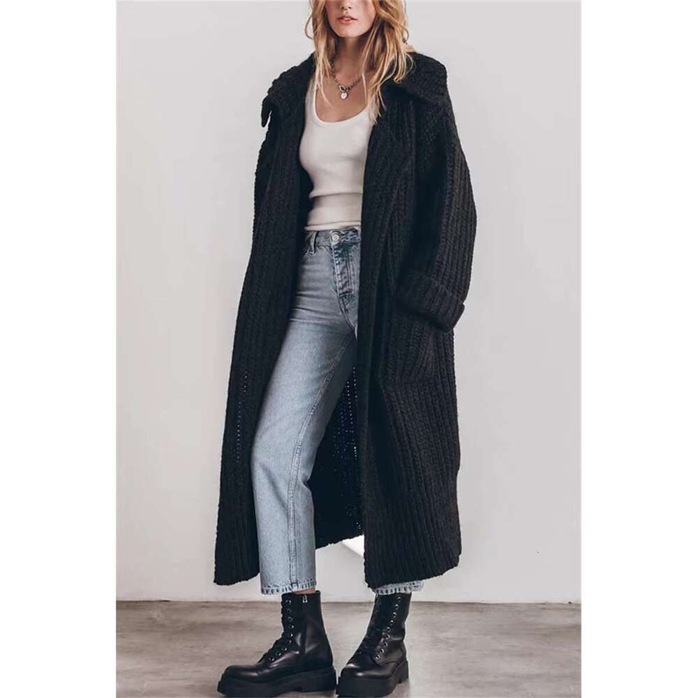 Women's Autumn And Winter Maxi Cardigans Single Breasted Oversized Sweaters Solid Color Large Collar Boho Long Knitwear