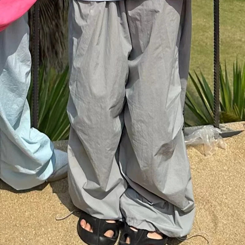 Summer Womens HipHop Wide Leg Pants Solid Casual Quick Dry Trousers Straight Sweatpant Drawstring Pocket Streetwear Jazz 250122
