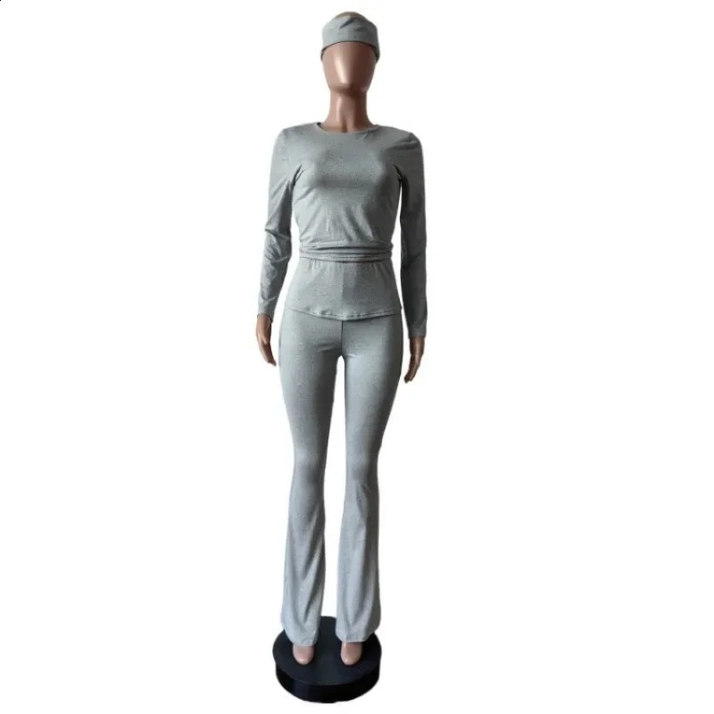 Women Solid Yoga 3 Piece Set Headband O-neck Full Sleeve Crop Tops Lapel High Waist Flare Pants Slim Fitness Workout Suits 250122
