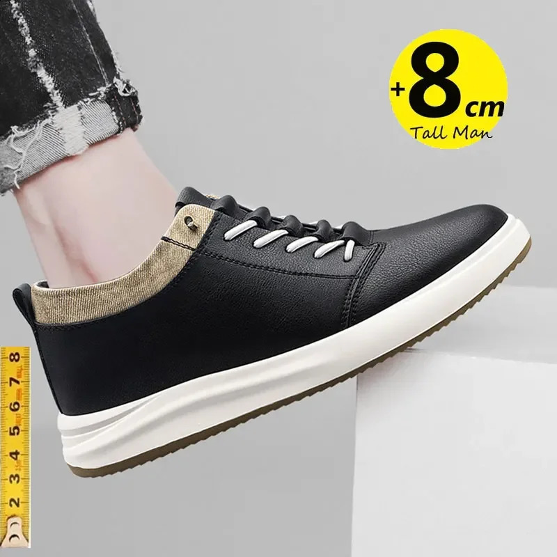 Mens genuine leather sneakers elevator shoes black height increasing shoes men 6cm 8cm white casual lift casual shoes 250113