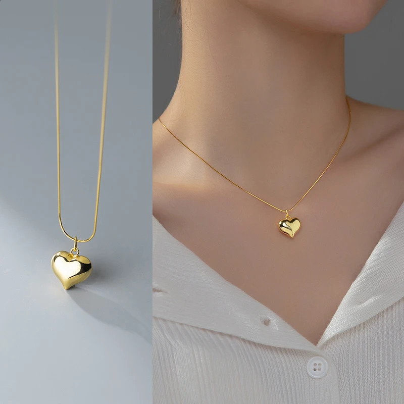 WANTME 925 Sterling Silver Simple Snake Bone Chain Sweet Love Heart Pendant Necklace Women Elegant Statement Clavicle Jewelry 250117