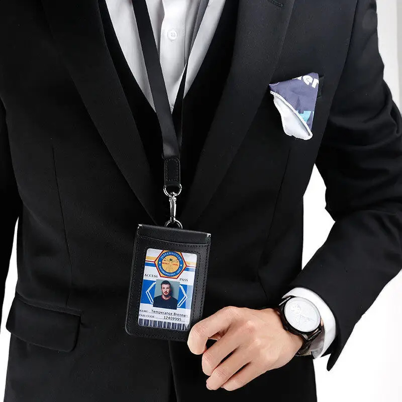 High Quality Genuine Leather ID Badge Holder Access Control Card Holders with Neck Lanyard Office Worker Magnet Hasp Campus Card 250120