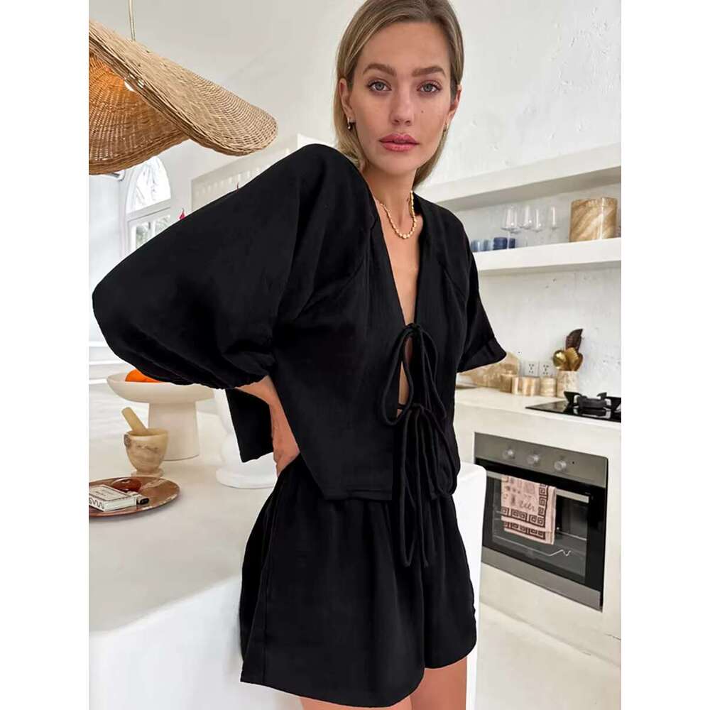 Black Casual Thin Suits For Women New V-Neck Puff Sleeve Lace-Up Blouse+Shorts Sets Autumn Elegant Simple Home 2 Piece Set