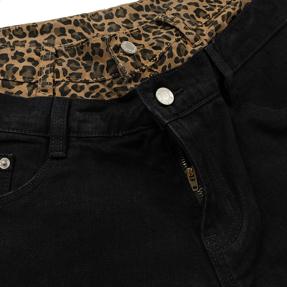 Leopard Patchwork Jeans Fake Two Piece Black Baggy Jeans Mens Loose Denim Pants 250120