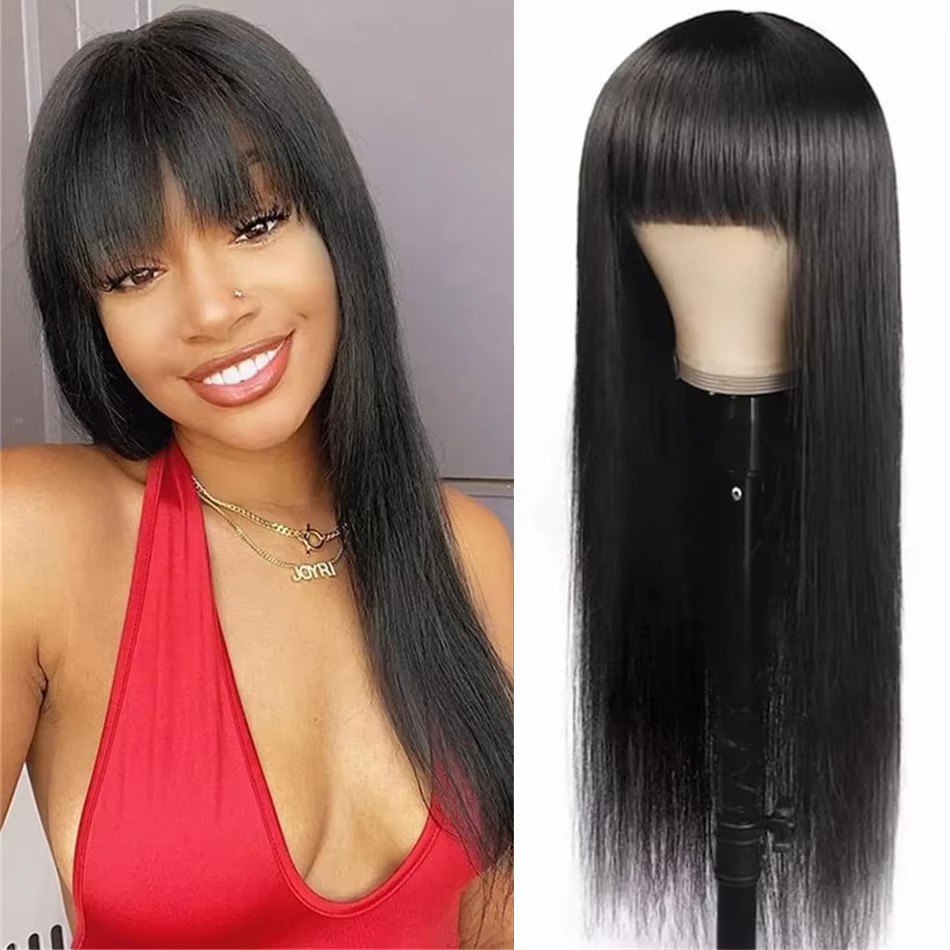100% Human Hair Wig With Bangs Short Bob lace frontal Wigs For Black Women 150% density Brazilian silky straight 30 Inch Long Fringe Wig