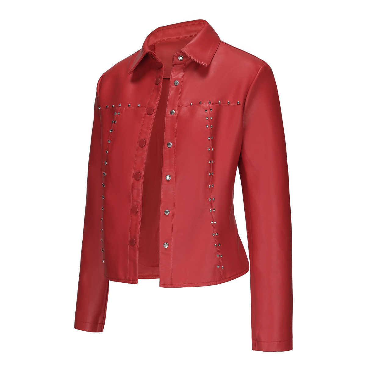 Spring Autumn New Rivet Leather Jacket Cardigan Button Up Leather Jacket Fashion Trend Thin Coat Womens Clothing Womens Leather Womens Jacket 241209