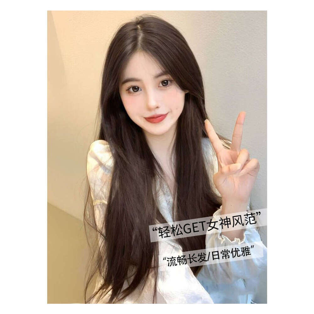 Lace Front Wig Cover T Shape New Front Lace Mesh Split Bangs Fashionable Natural Black Long Straight Simulated Hair Hand Woven Full Head Wig Wig