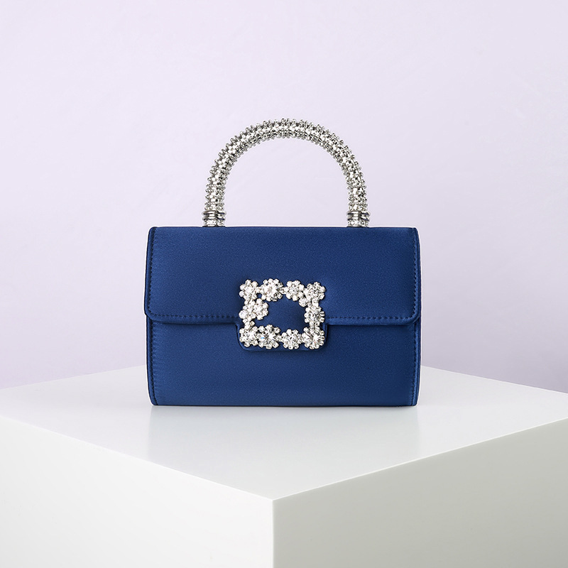 RV Rhinestone Imitation Silk Chain Single Shoulder Diagonal Cross Hand-Held Bag, Silver Buckle Versatile Fashionable Dinner Bag