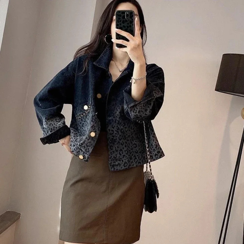 Female Jeans Coat Short Spring Autumn Small Crop Outerwears Graphic Blue Leopard with Print Womens Denim Jackets Black 250121