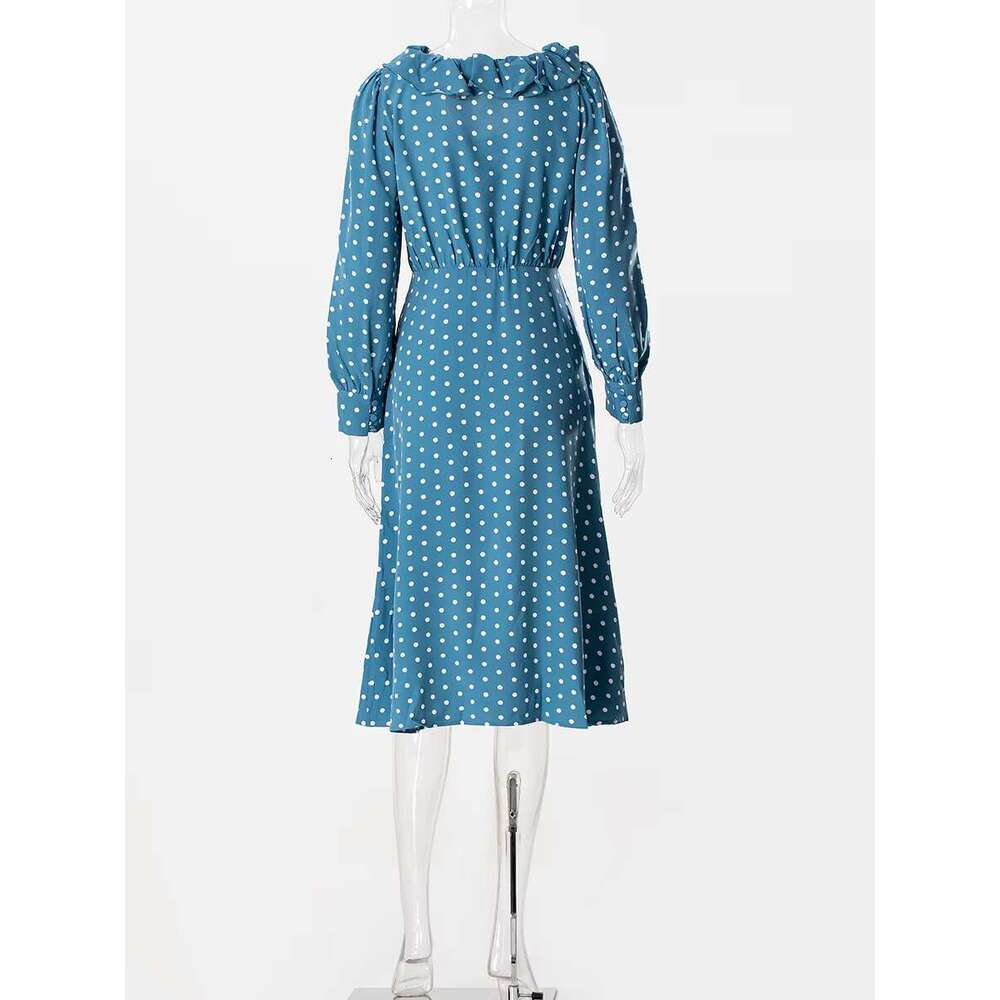 Polk Dot Print Midi New Sleeve U Collar Slim Elegant Bow Decor Ruffle Dresses Casual Fashion Long Dress