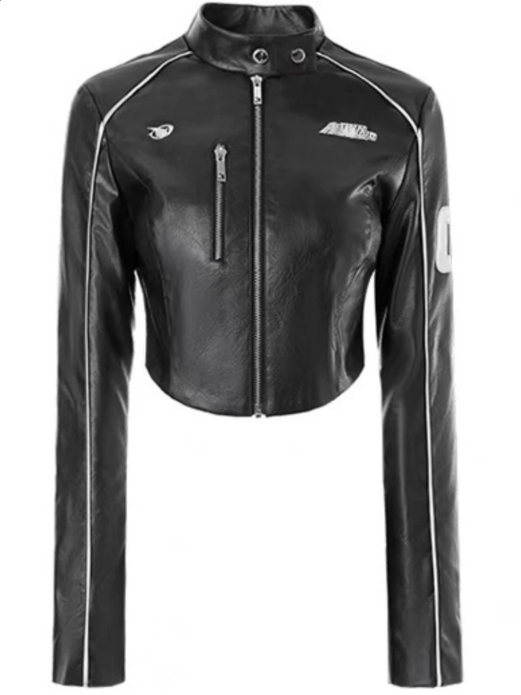 American Vintage Coats for Women Stand Neck Zipper PU Leather Short Jackets Spring Autumn Female Slim Y2k Clothing 250118