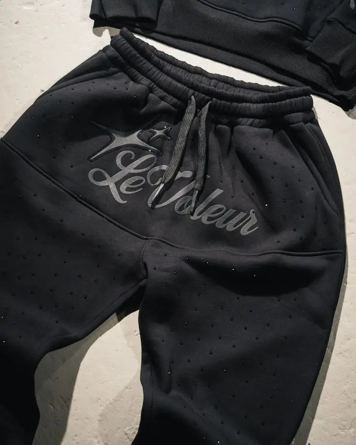 Hoodie Sweatshirt Two Piece Set Y2K Men HipHop Letter Embroidered Vintage Rhinestone Sequins Oversized Sweatshirt Streetwear Set 250122