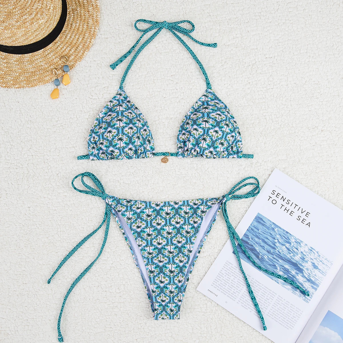 Print Flower Swimwear Blue Girl Bikini Suit Tie Straps Female Summer Beach Set Low Waist Shorts With Bra 2 pieces suit 250122
