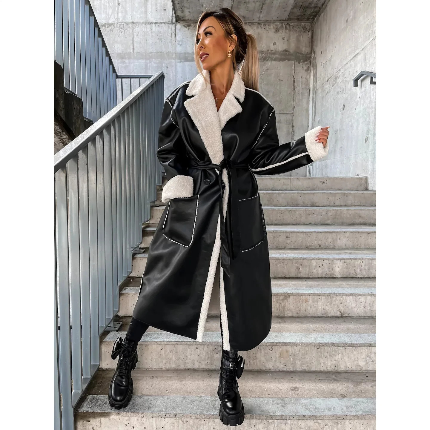 2025 Spring Women Fleece Trench PU Warm Coat Fashion Pocket Black Jacket Female Winter Elegant Fashion Casual Ladies Outerwear 250118