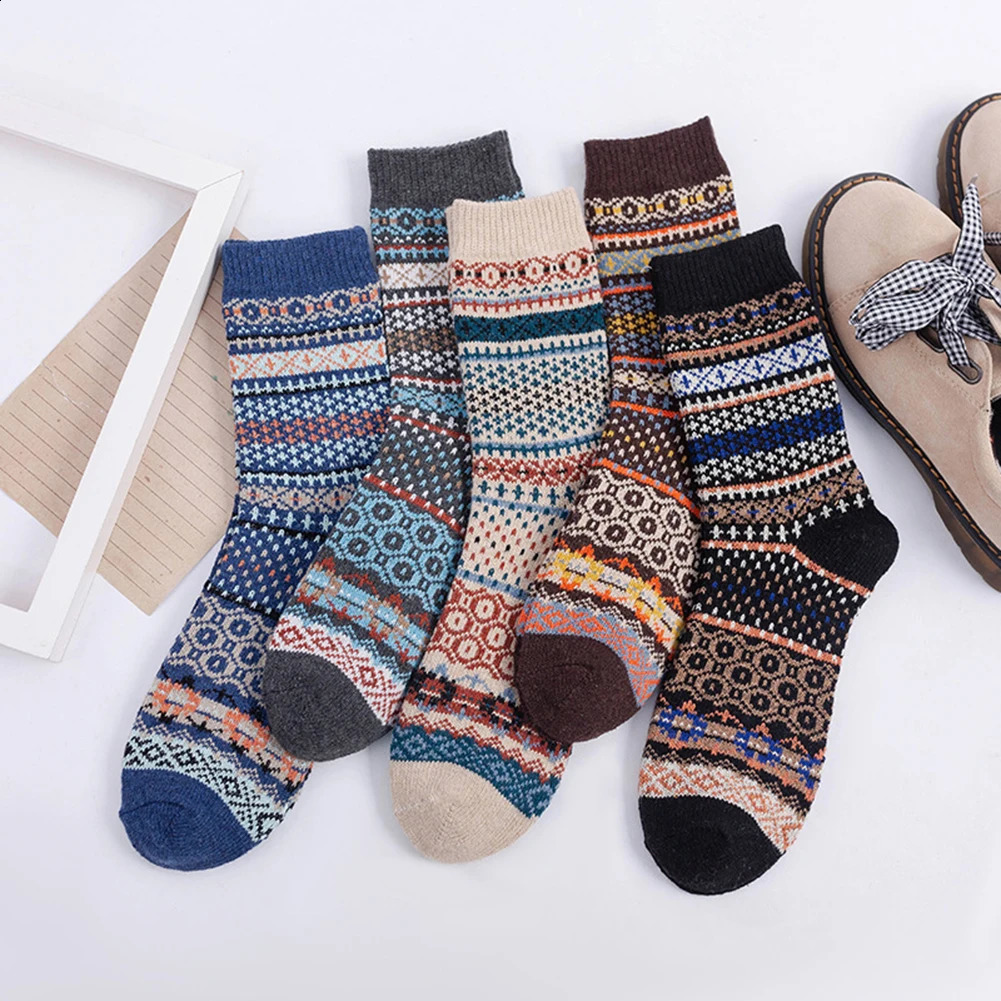 5 Pairs Winter Warmer Socks Unisex Striped Patterned Wool Blends Socks Vintage Thicken Cuddly Socks House Socks For Daily Wear 250121