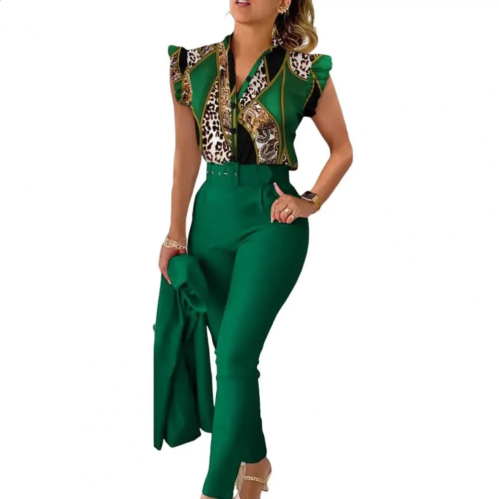 Womens shirt Trouser set elegant womens office suit Vneck high waisted pants waist belt fashionable color matching suitable for work 250122