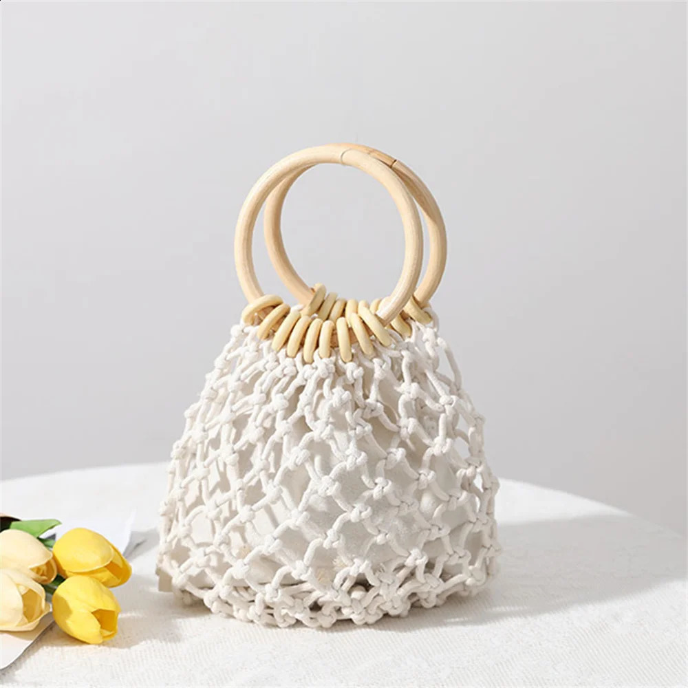 Summer Straw Woven Beach Bag Rattan Ladies Purses Handbag Wrist Pack Women Handle Female Bucket Tote Bags Knit Travel Bags 250113