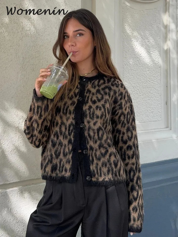 Vintage Leopard Print Mohair Women Cardigans Knitted O-neck Single Breasted Short Sweater Autumn Lady Casual Streetwear 250118