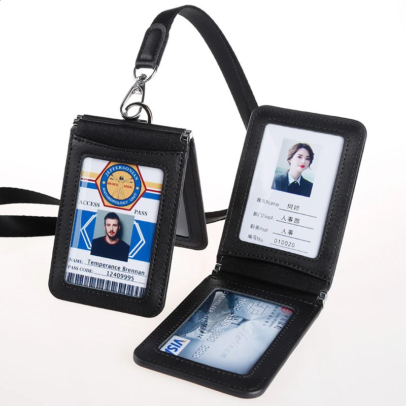 High Quality Genuine Leather ID Badge Holder Access Control Card Holders with Neck Lanyard Office Worker Magnet Hasp Campus Card 250120