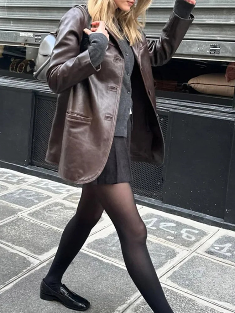 Fashion Leather Jackets Women PU Lapel Single Breasted Pockets Long Sleeve Female Coats Autumn Winter Brown Lady Outwear 250122