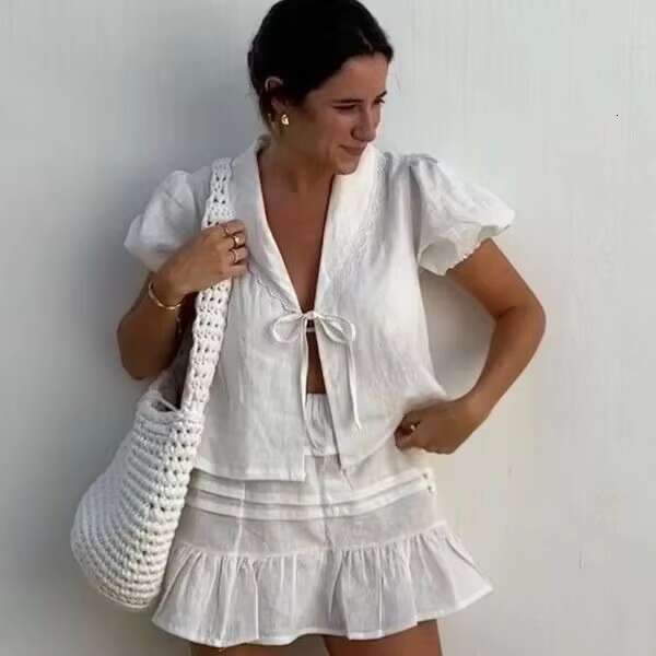 White Elegant 2 Piece Sets Women New V Neck Lace Patchwork Lace-Up Blouse+Shorts Skirts Summer Casual Fashion Holiday Set