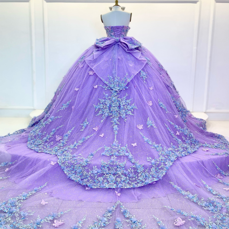Lavender Quinceanera Dresses Ball Gown Off The Shoulder Applique Lace Bow Beading Tull Party Birthday Sweet 16 Dress Vestidos 15 De Anos