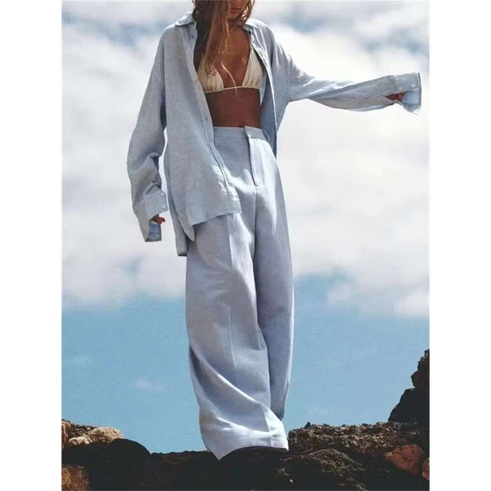 Casual Solid Two-Piece Women New Summer Single Breasted Long Sleeve Shirts+Wide Leg Trouser Simple Fashion Pants Set