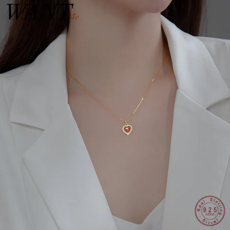 WANTME 925 Sterling Silver Romantic Sweet Red Agate Love Heart Pendant Charm Necklace for Women Wedding Anniversary Fine Jewelry 250117