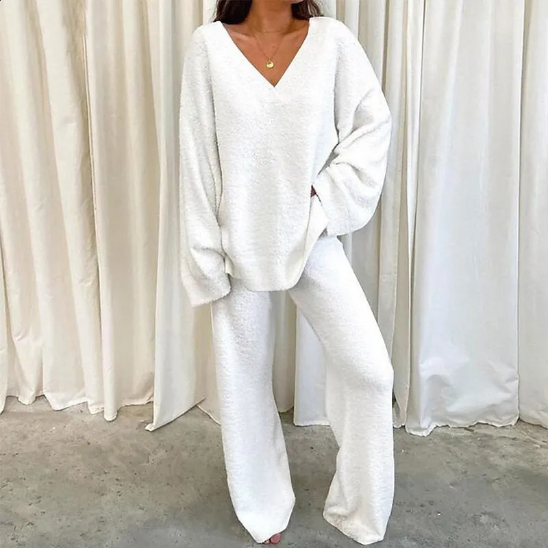Autumn Winter Warm 2 Piece Outfits Women Long Sleeve V-neck Top Pullover And Casual Pants Set Elegant Tracksuits Loungewear 250122