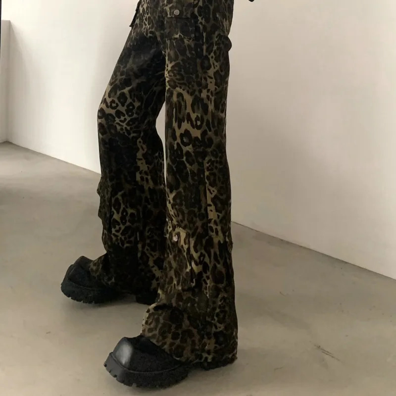 FEWQ American Leopard Print Mens Jeans High Waist Straight Leg n Male Flared Trousers Contrast Color Male Pants 24E6161 250120