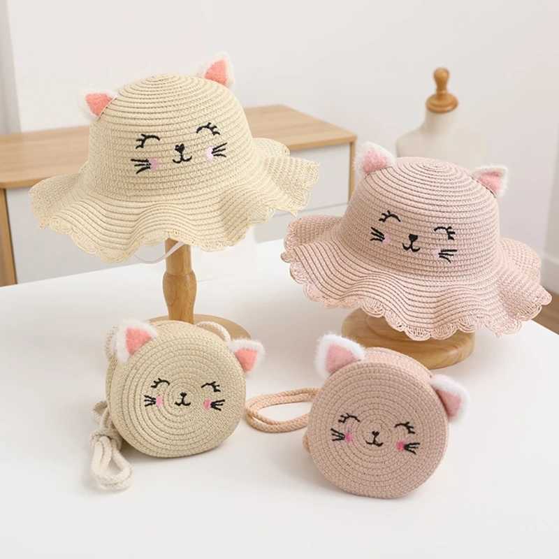 Childrens Summer Straw Hat Girls Cute Smile Wavy Cats Ears Steamed Cat-ear Shaped Bread Straw Hat Matching Bag M250121