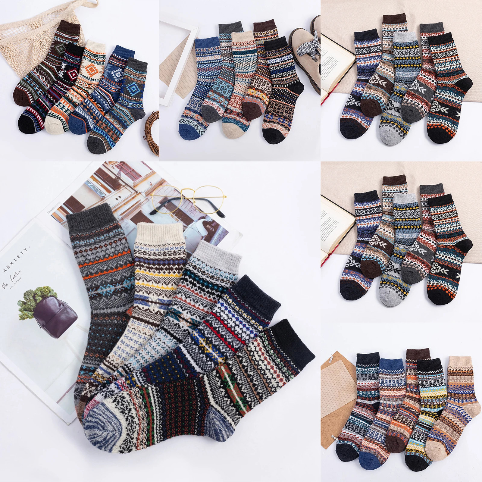 5 Pairs Winter Warmer Socks Unisex Striped Patterned Wool Blends Socks Vintage Thicken Cuddly Socks House Socks For Daily Wear 250121