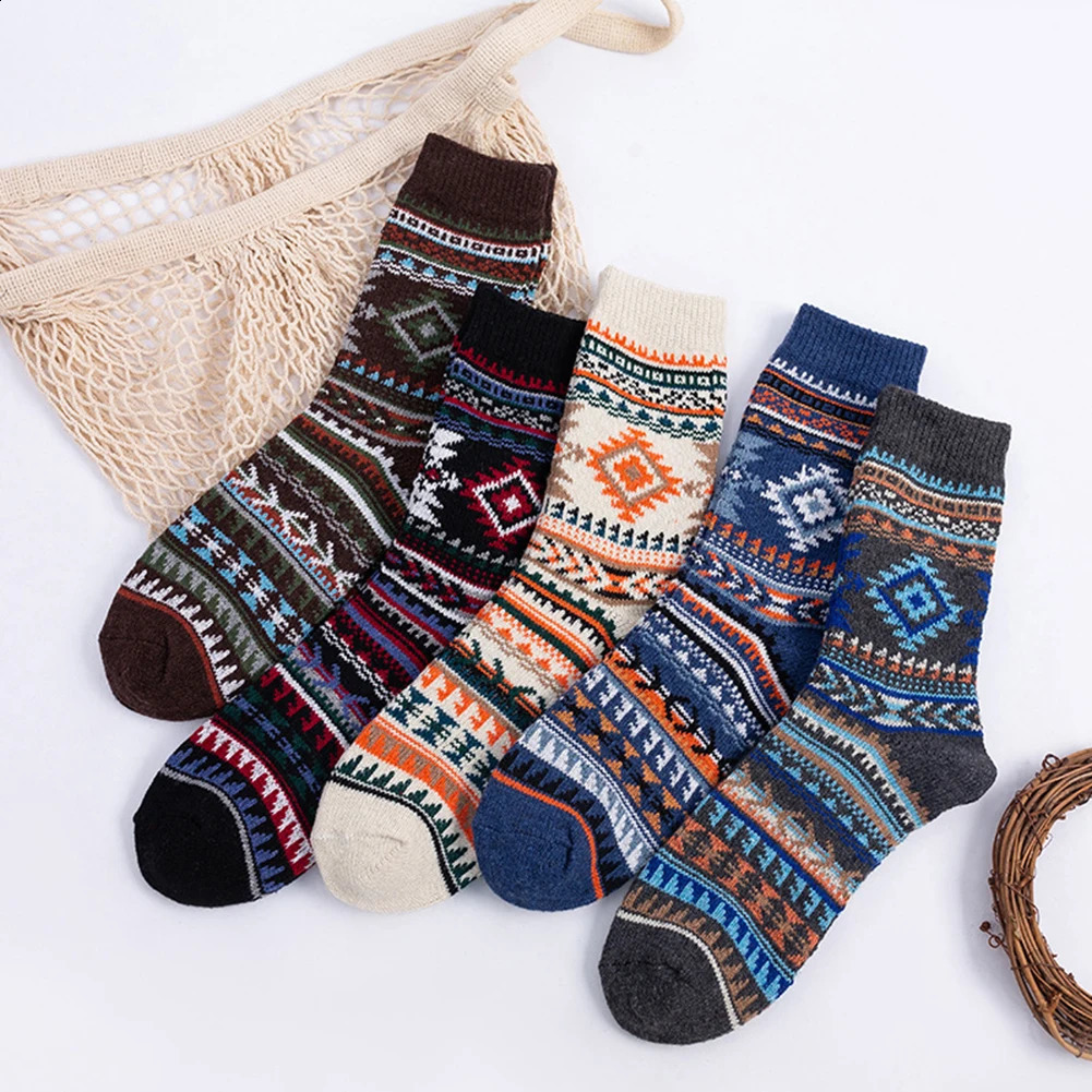 5 Pairs Winter Warmer Socks Unisex Striped Patterned Wool Blends Socks Vintage Thicken Cuddly Socks House Socks For Daily Wear 250121