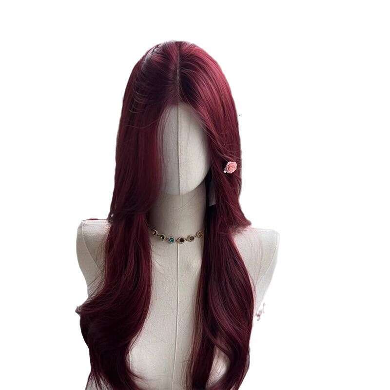 Lace Front Wig Cover T Shape Rose Red Front Lace Large Wave For Women With Small Medium Split Eight E Bangs Long Curly Hair Full Head Wig Set