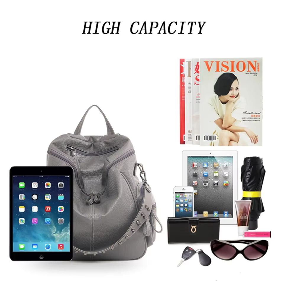 3-In-1 Designe Shoulder Bag Women Preppy Bookbag Mochilas Rivet Backpack Large Capacity School Bags For Teenage Girls