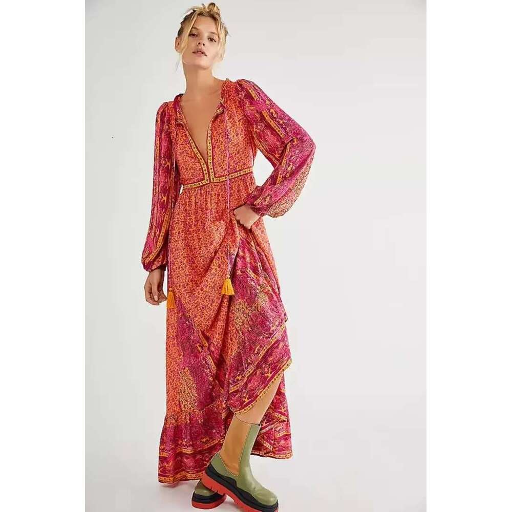 Chiffon Maxi Dress Boho Style Holiday Printing Chic Vestidos Mujer Long Sleeve Free Dresses Ral People Sales Hippie Robes
